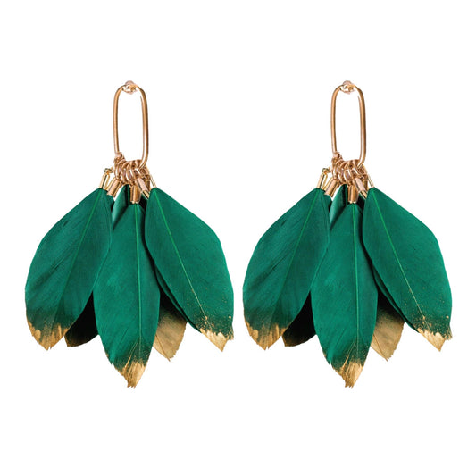 St Armands Designs of Sarasota - Emerald Gold Dipped Feather Tassel Statement Earrings