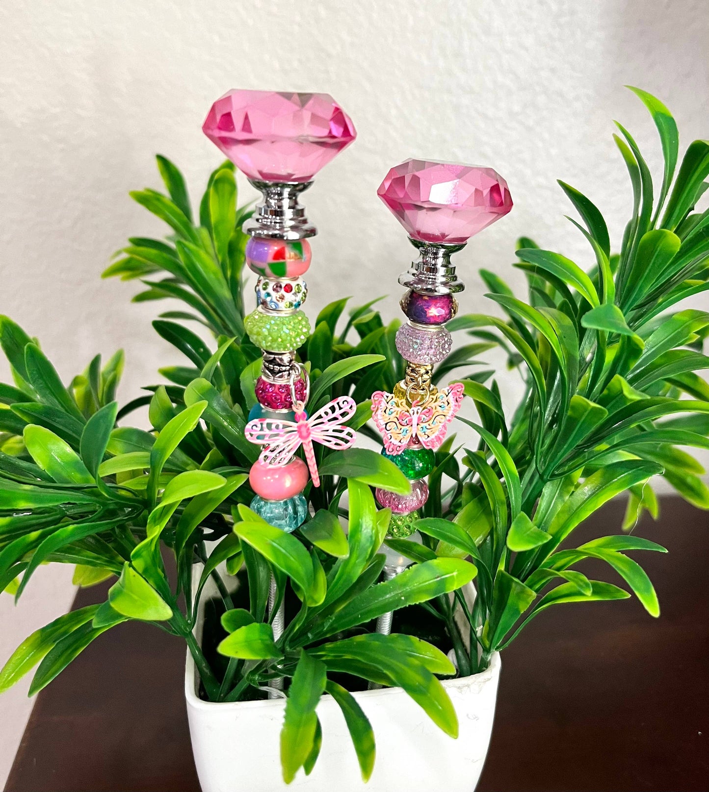 Sea of Bliss Shop - Fairy Garden Plant Stakes, Sun Catcher, Handcrafted: Green / No Charm / 13 inch