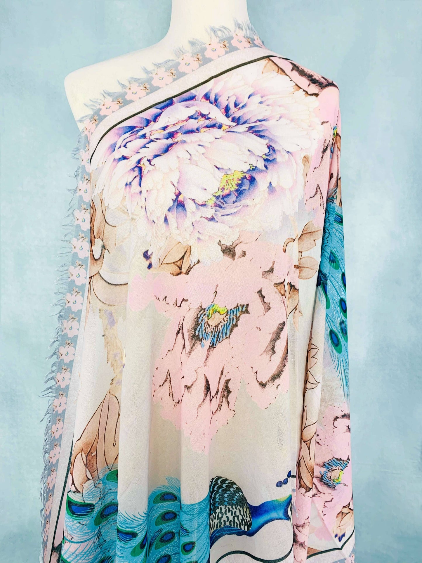 JC Sunny Fashion - Pink-Teal Peacock & Peoney Frayed-Edge Scarf/Shawl