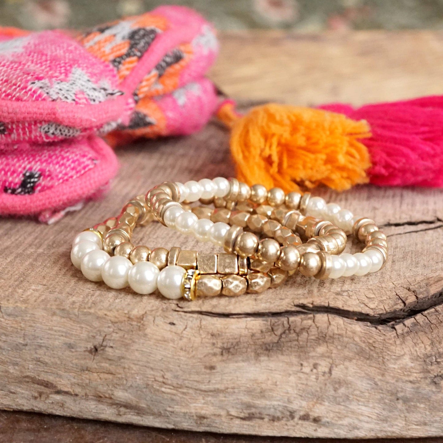 PennyLine inc - Pearls and Antique Gold Beaded Bracelet Set