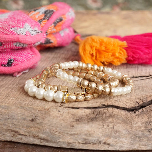 PennyLine inc - Pearls and Antique Gold Beaded Bracelet Set