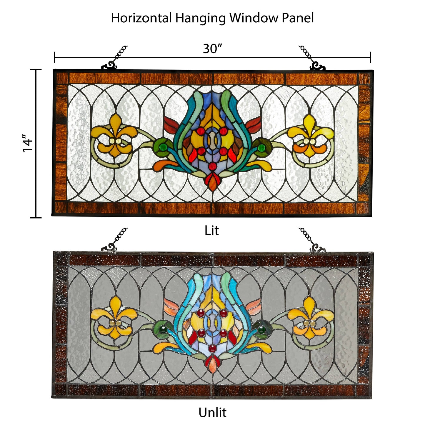 River of Goods - 30"L Fleur De Lis Victorian Stained Glass Pub Window Panel: Amber