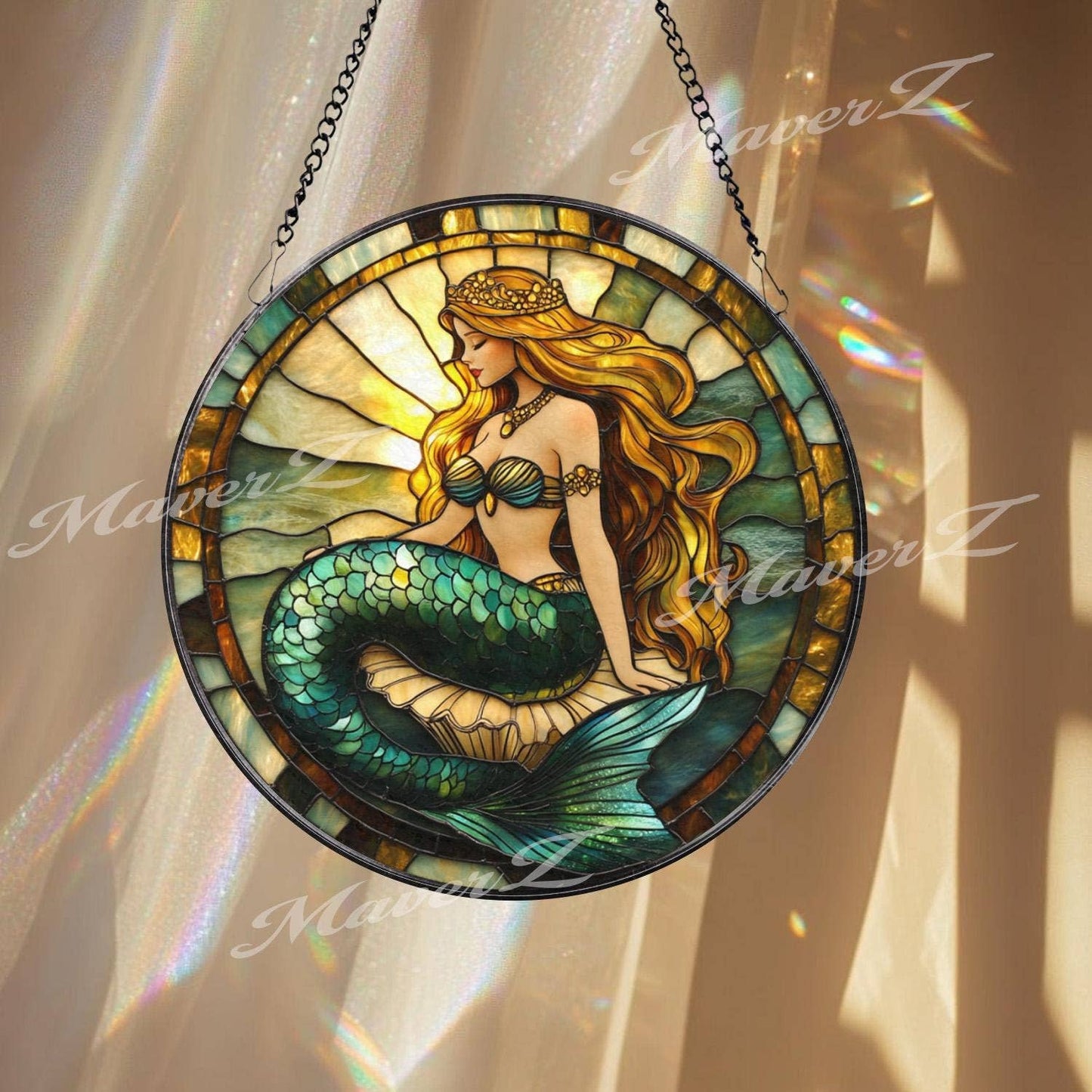 NVC Ecommerce LLC - Mermaid Princess Stained Glass Suncatcher, Sea Fantasy: 11.8in