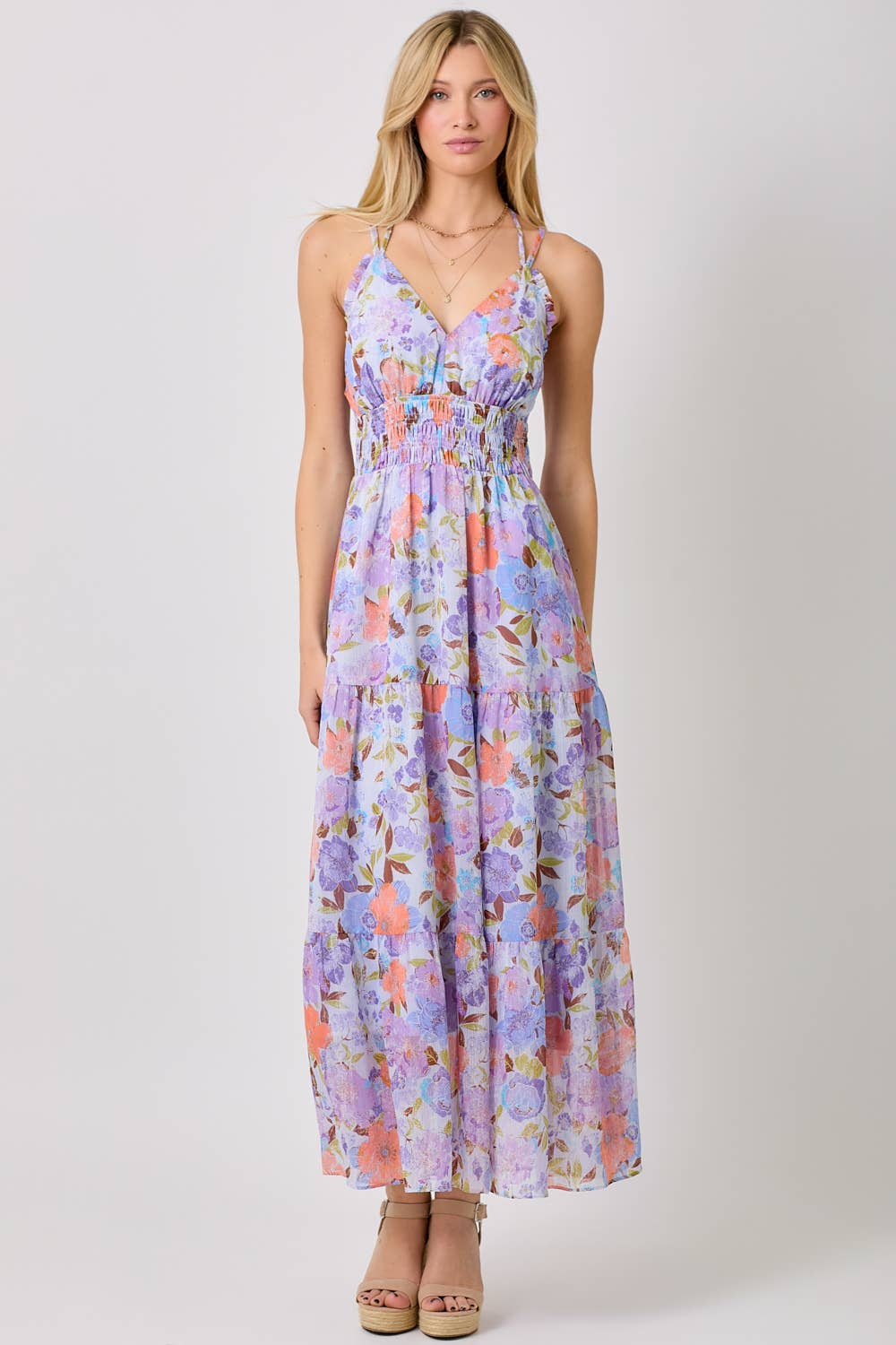 Mystree - 60487 Printed Long Tiered Dress : Lavender Mix / Medium