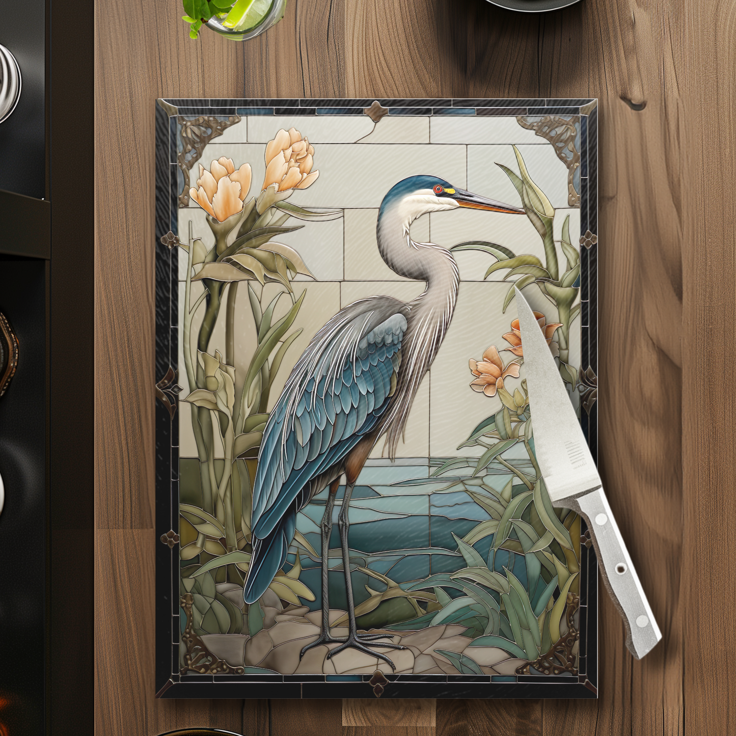 Fernville Creations - Blue Heron Tempered Glass Cutting Board, Charcuterie Board: 11 X 15 - Inch