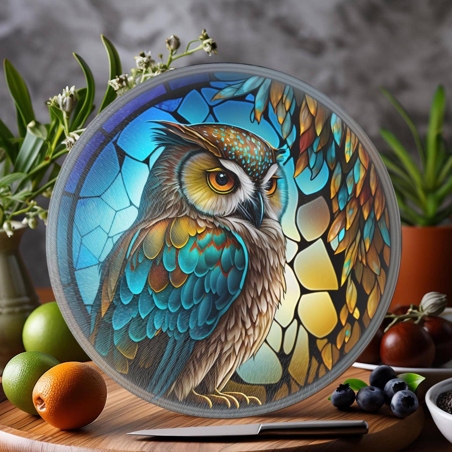 Fernville Creations - Owl Tempered Glass Cutting & Serving Board, Wedding Gift: 12 Inch