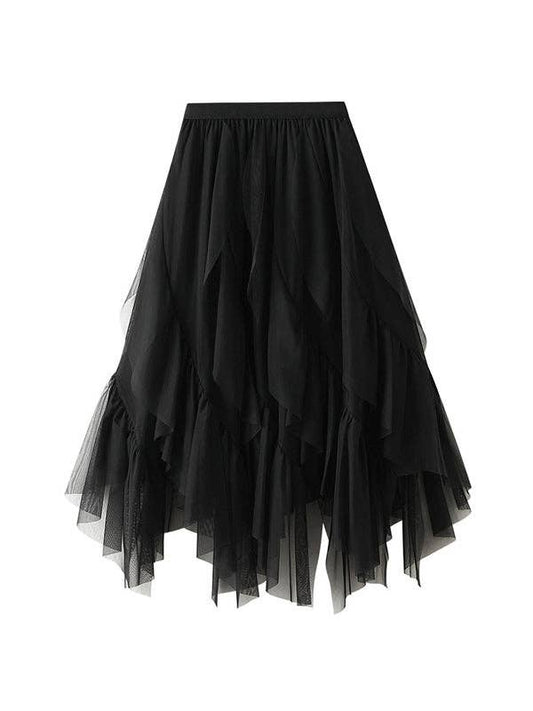 UZ Wholesale Store - Elasticity Gauze Pleated Solid Color Split-Joint A-Line Loos: BLACK / One_size