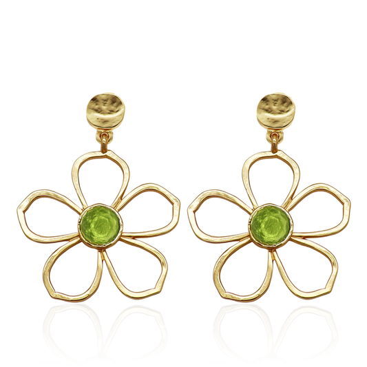 KARINE SULTAN - Bloom Drop Earrings - 24K Gold Plated: Apple green