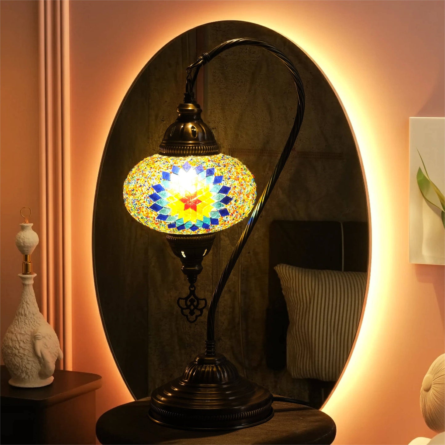 Mozaist LLC - Mozaist Handmade Turkish Mosaic Swan Table Lamp Rainbow