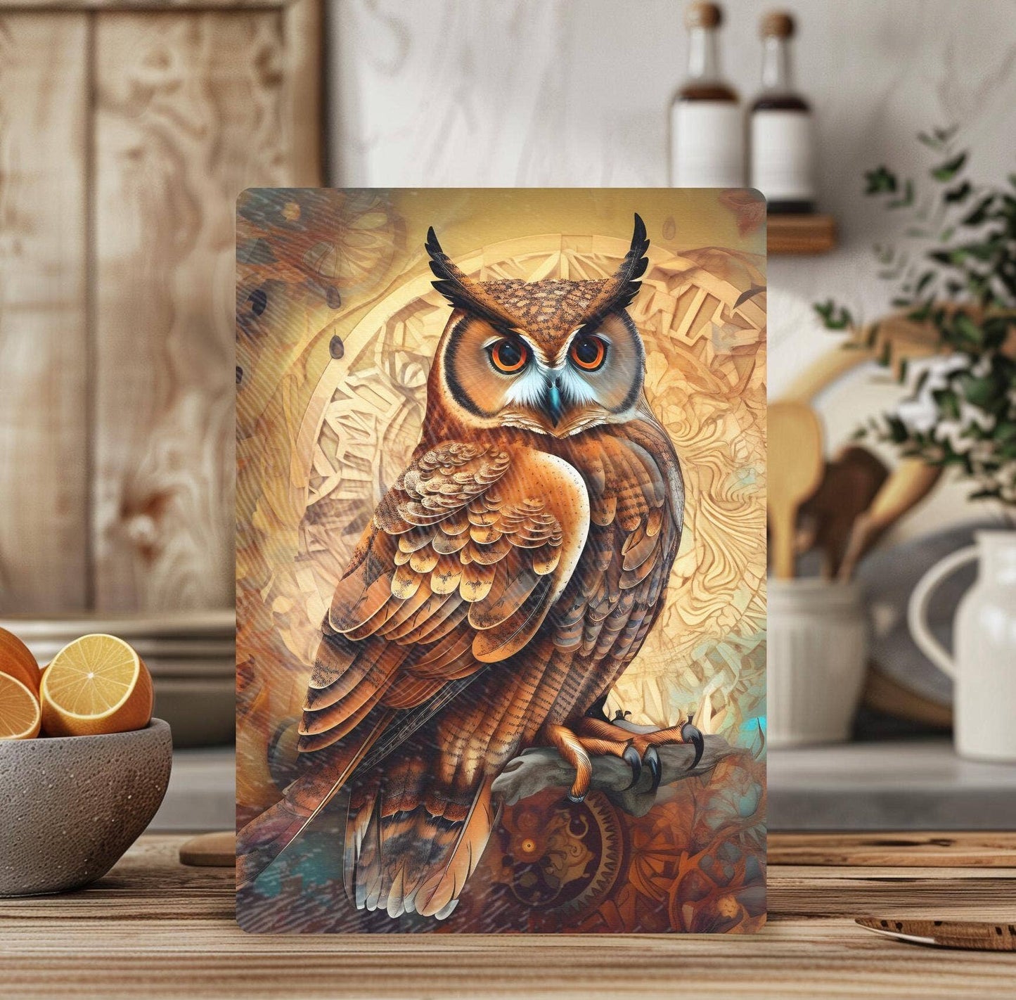 Fernville Creations - Owl Tempered Glass Cutting & Serving Board, Kitchen Art Gift: 12x15 Inch