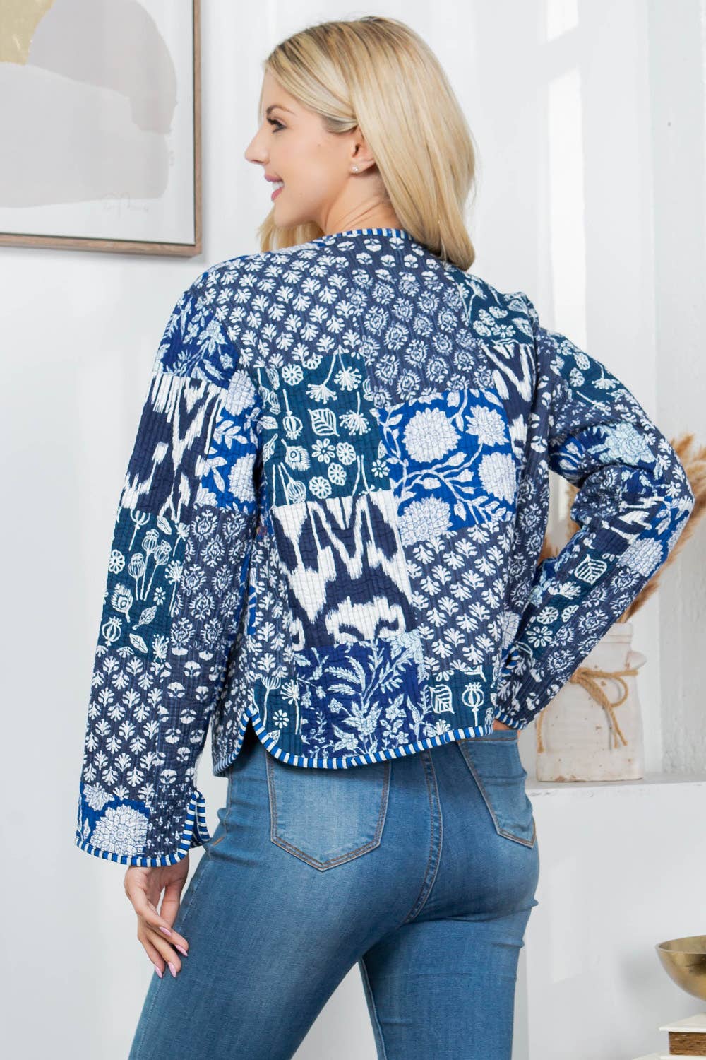 LA Soul - Floral Print Quilted Patch Cotton Jacket - Blue: S