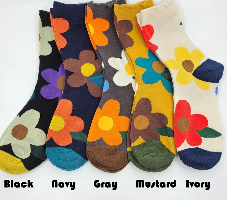 Comfortarians - Women's Patterned Socks, Knitted Socks, Floral Design Socks: Mustard