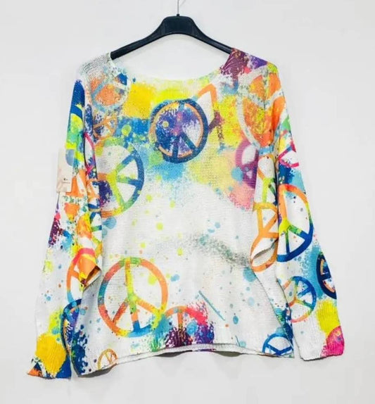 LOOWIE - 19 White Peace & Love Knit Printed Sweater LOOWIE