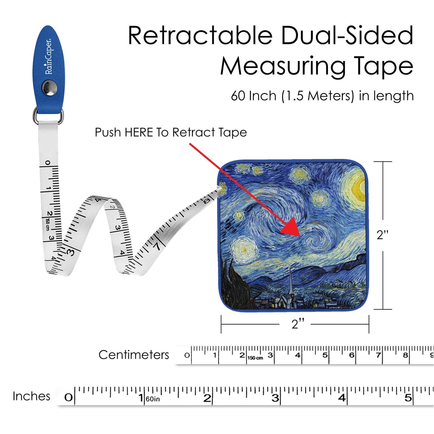 RainCaper - Van Gogh "Starry Night" Compact Retractable Tape Measure – Dual-Sided, 60"/150cm
