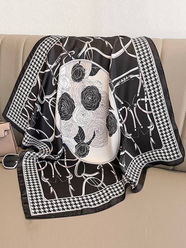 UZ Wholesale Store - Flower Print Houndstooth Scarf: PURPLE / One_size