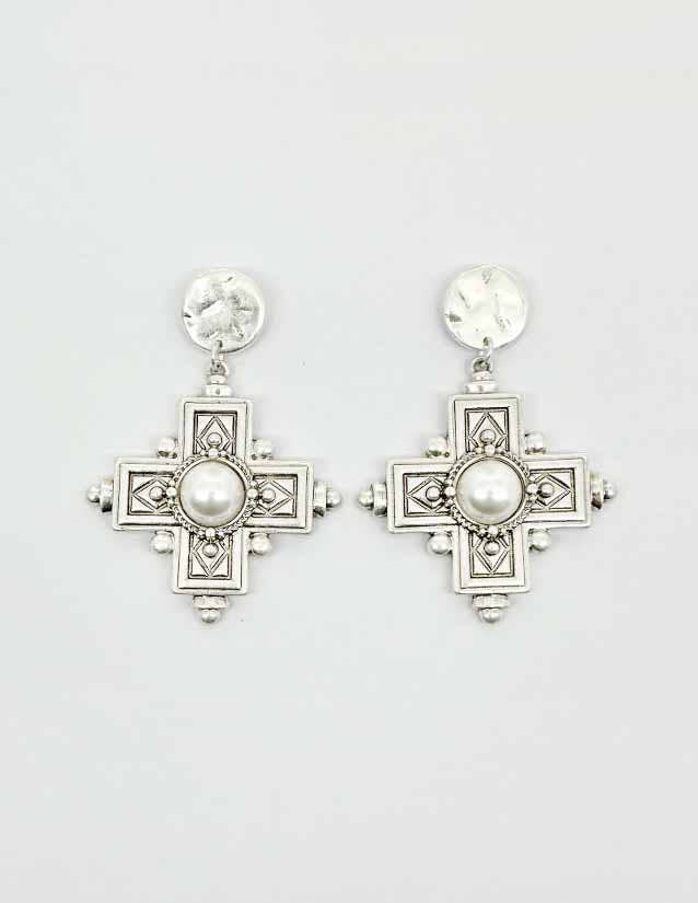 Pretty Persuasions - E25084 Faux Pearl Adorned Vintage Cross Dangle Earrings: 01 WG