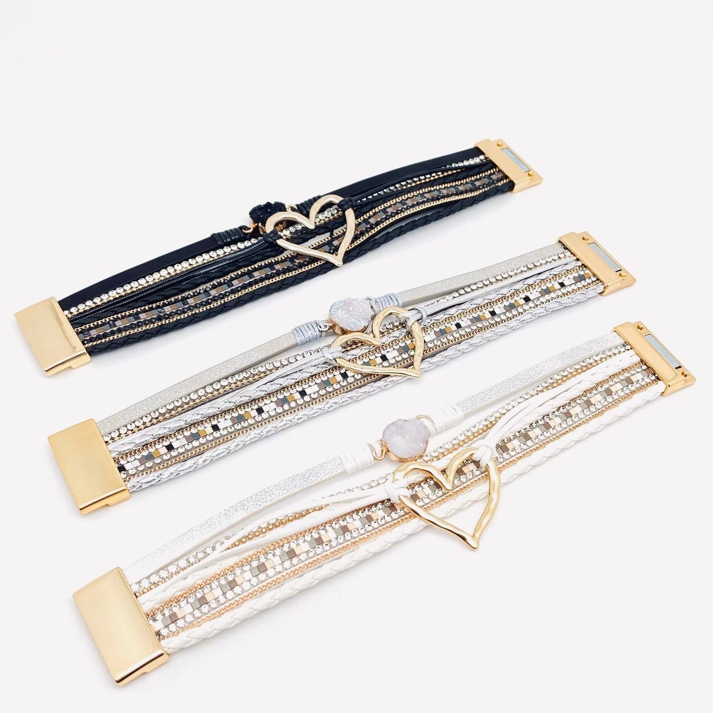 Mio Queena - Multi-Layer Heart Charm Bangle Bracelets - BJ/LB: Gold