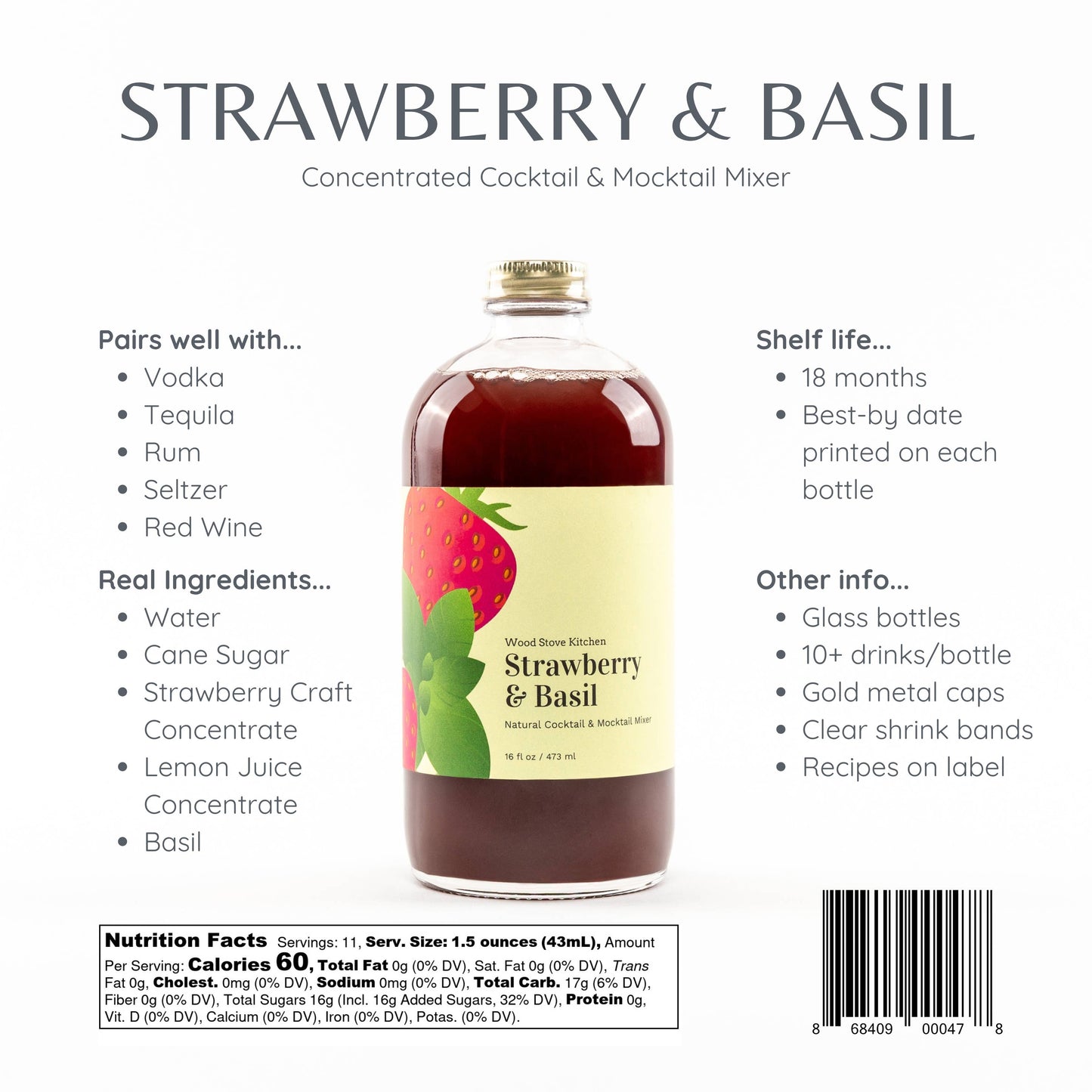 Wood Stove Kitchen - Strawberry & Basil Cocktail and Mocktail Mixer, 16 fl oz