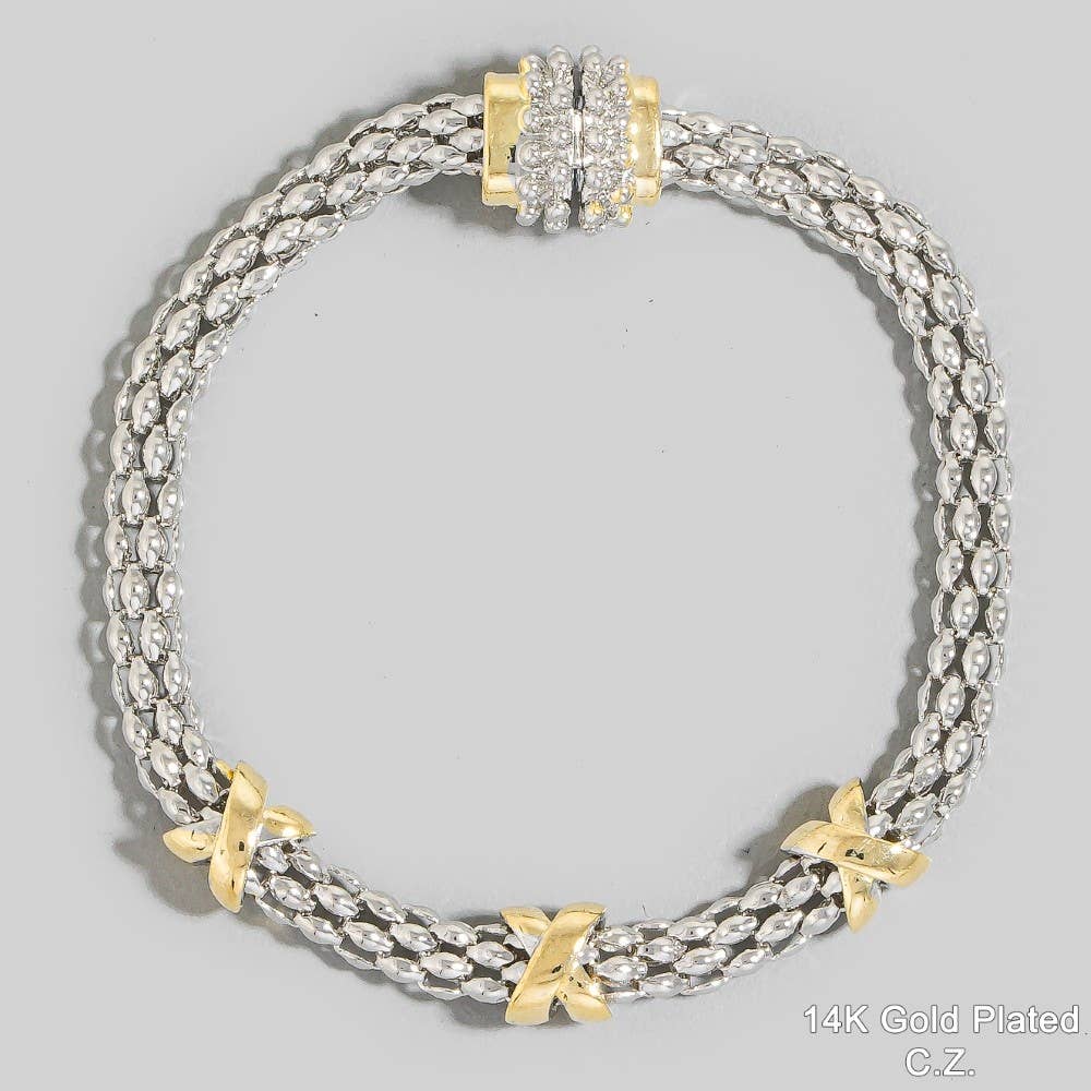 The Looks by Fame Accessories - Gold Plated Two Tone Magnetic Clasp Bracelet: T
