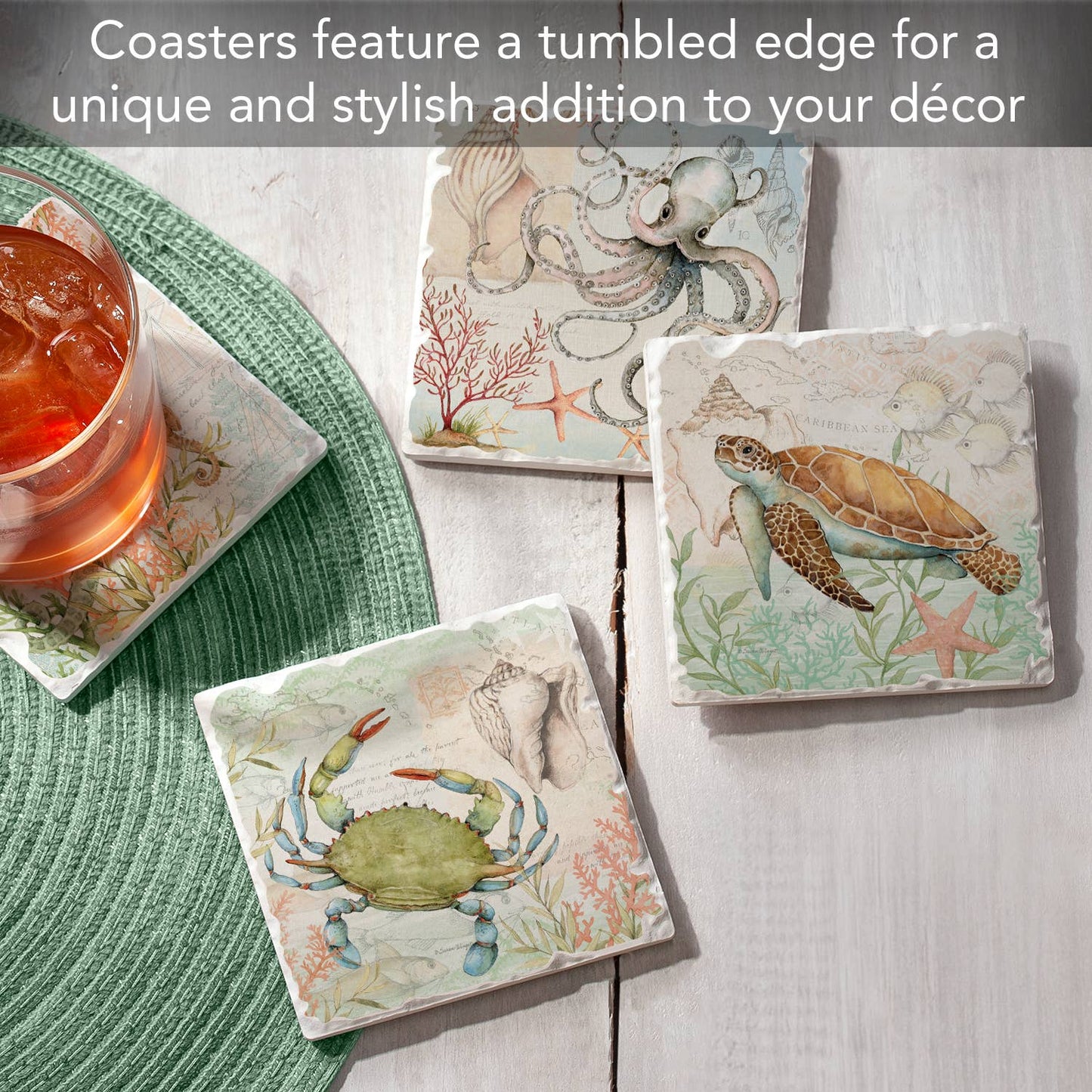 CounterArt/Highland Home/Thirstystone - Caribbean Seas Assorted Image Tumbled Tile Coaster 4 Pack