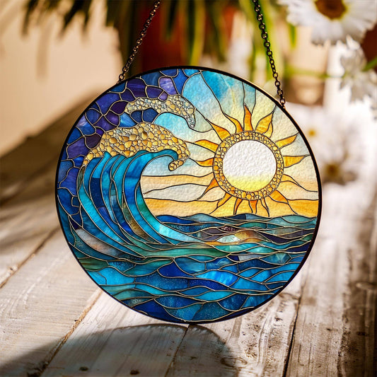 NVC Ecommerce LLC - Sunrise On The Beach Stained Glass Suncatcher, Beach Window : 11.8in