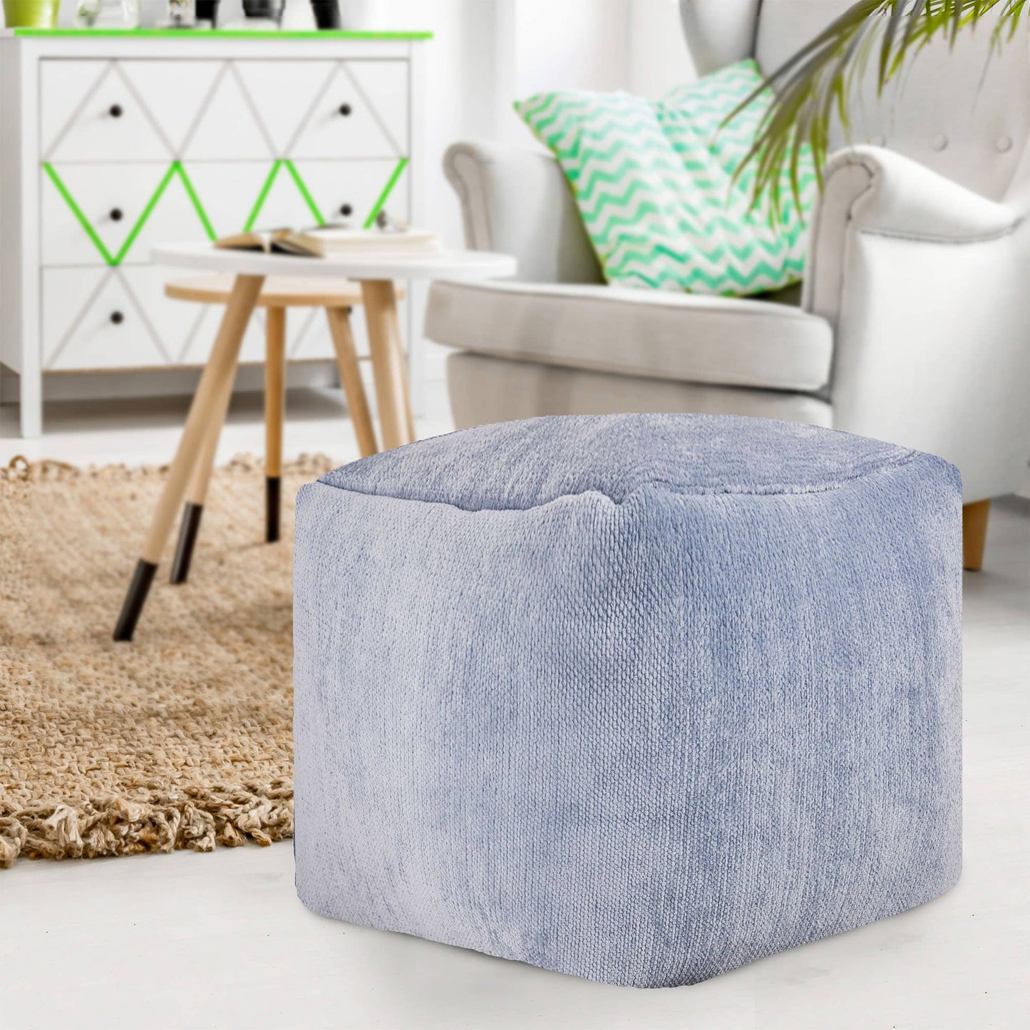 LR Home - Yaar Transitional Solid Chenille Indoor Pouf: Navy