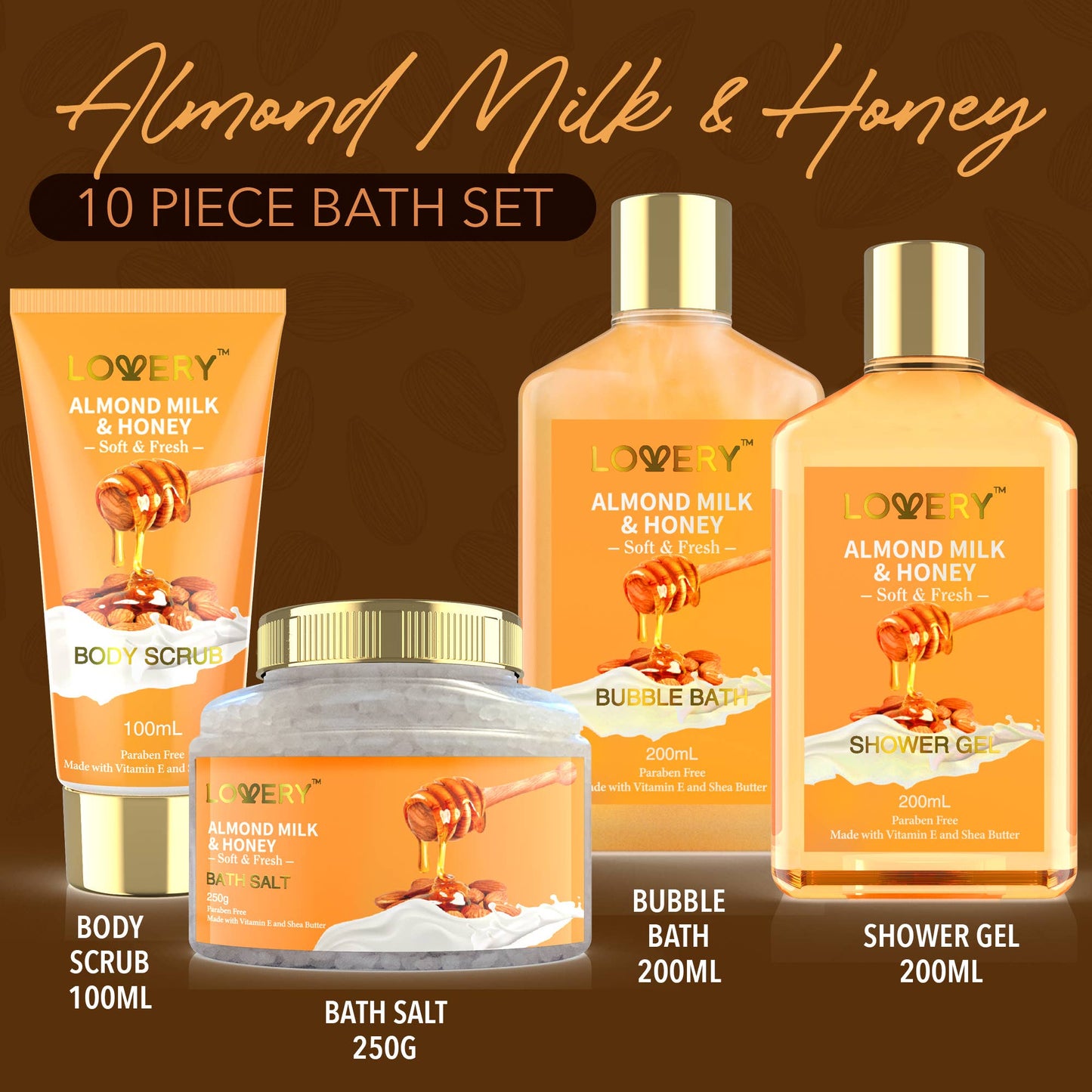 Lovery - Gift Basket – 10Pc Almond Milk & Honey Beauty & Personal Set