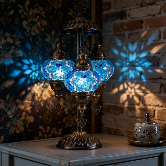 Mozaist - 3-Globe Turkish Mosaic Table Lamp (Blue)