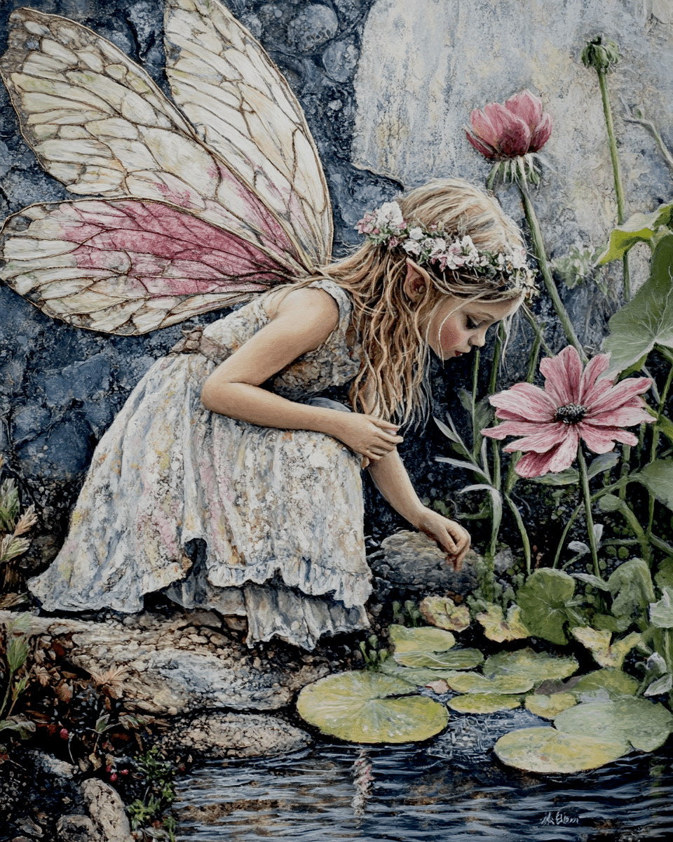 Mowbi - Fairy in Lilypads - Fairies Wall Art Prints – 8″x10″ Artwork for 11″x14″ Frame