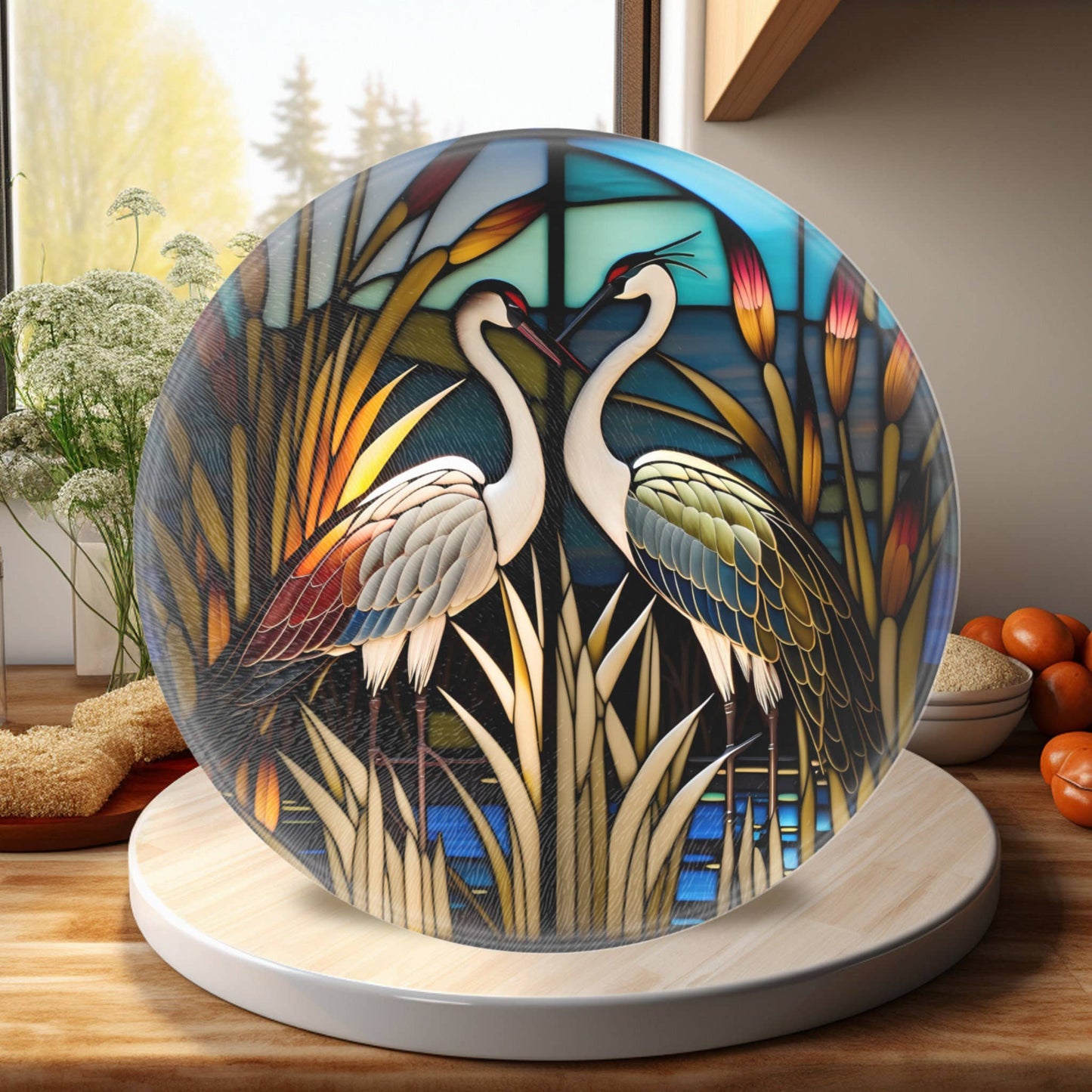 Fernville Creations - Crane Charcuterie Tempered Glass Cutting Board, Serving Tray: 12 - Inch