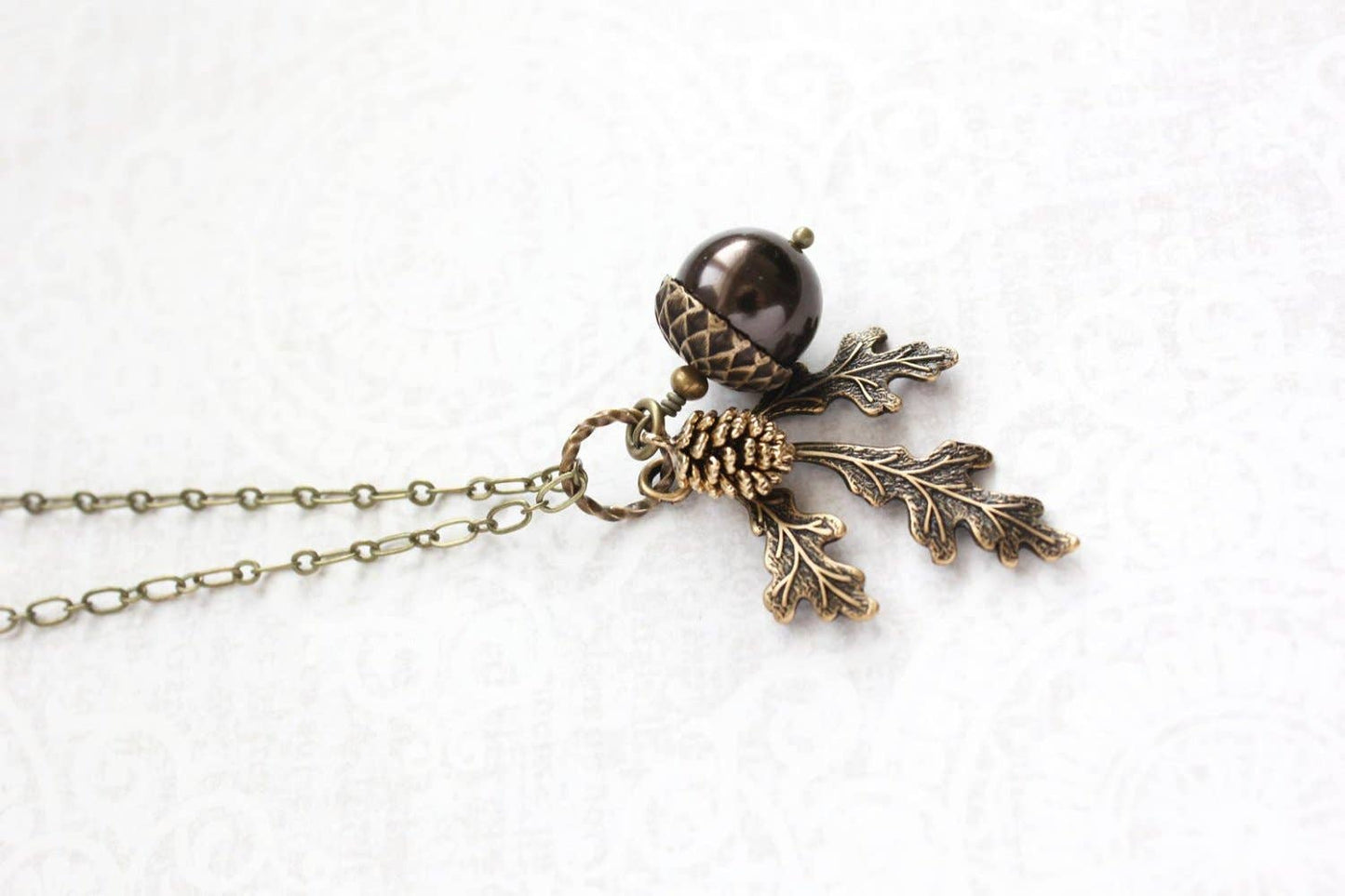 A Pocket of Posies - Brown Acorn Necklace -  - ANTIQUED BRASS: 3. Ivory Cream / 18 inches