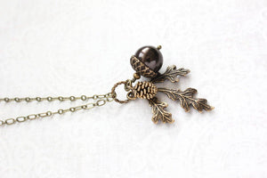 A Pocket of Posies - Brown Acorn Necklace -  - ANTIQUED BRASS: Chocolate Brown / 18 inches