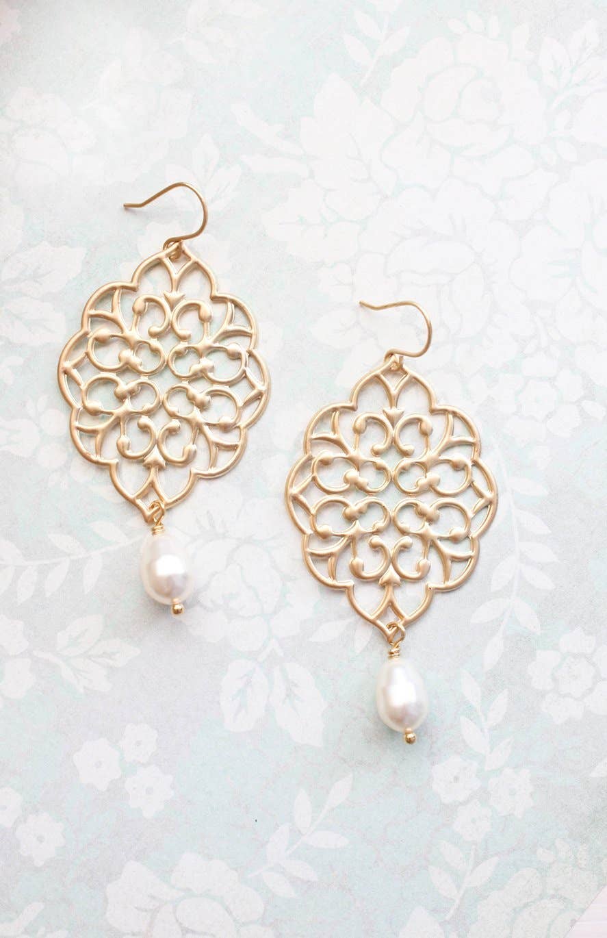 A Pocket of Posies - Gold Filigree Earrings - White Pearl: Silver