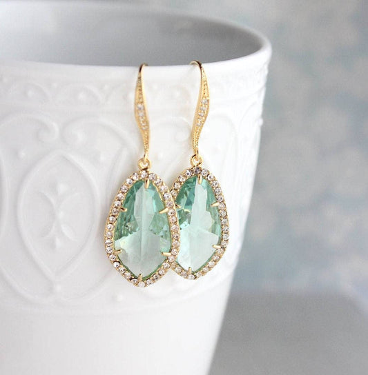 A Pocket of Posies - Aqua Glass Drop Earrings - Rhinestone Sparkle: Gold