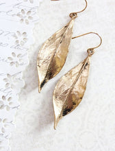 Load image into Gallery viewer, A Pocket of Posies - Long Gold Leaf Earrings - Rustic Black Patina