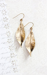 A Pocket of Posies - Long Gold Leaf Earrings - Rustic Black Patina