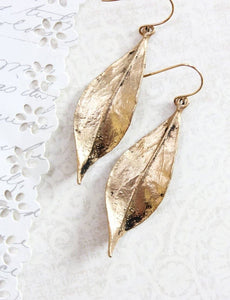 A Pocket of Posies - Long Gold Leaf Earrings - Rustic Black Patina