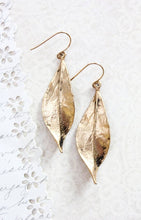 Load image into Gallery viewer, A Pocket of Posies - Long Gold Leaf Earrings - Rustic Black Patina