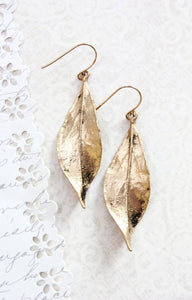 A Pocket of Posies - Long Gold Leaf Earrings - Rustic Black Patina