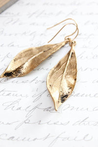 A Pocket of Posies - Long Gold Leaf Earrings - Rustic Black Patina