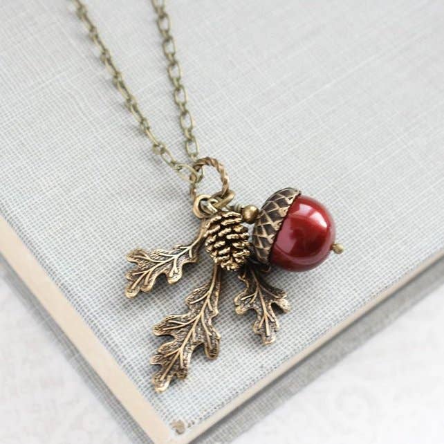 A Pocket of Posies - Pearl Acorn And Branch Necklace   - ANTIQUED BRASS: 15. Chocolate Brown / 18 Inches