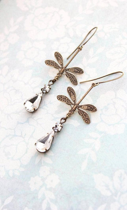 A Pocket of Posies - Dragonfly Crystal Sparkling Vintage Glass Earrings: Fish hook