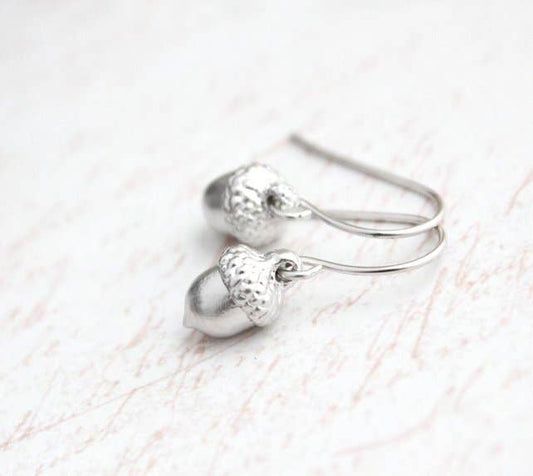 A Pocket of Posies - Tiny Matte Silver Acorn Earrings: Matte Silver