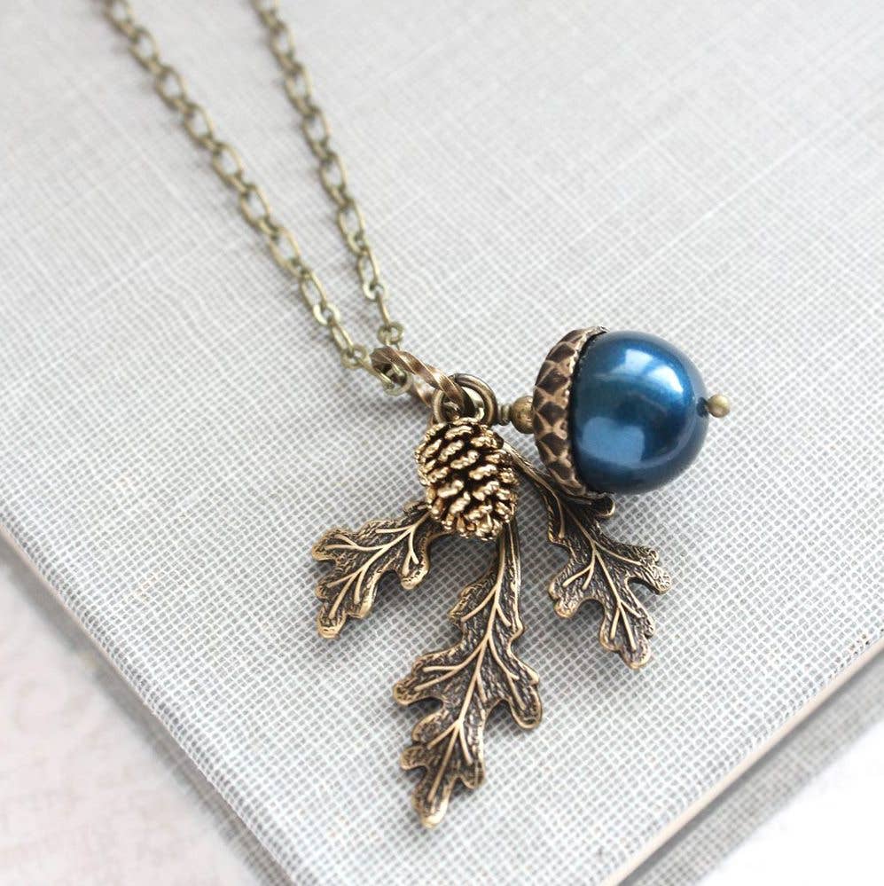 A Pocket of Posies - Pearl Acorn And Branch Necklace   - ANTIQUED BRASS: 15. Chocolate Brown / 18 Inches