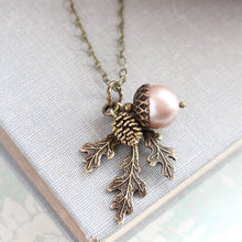 Load image into Gallery viewer, A Pocket of Posies - Pearl Acorn And Branch Necklace   - ANTIQUED BRASS: 15. Chocolate Brown / 18 Inches