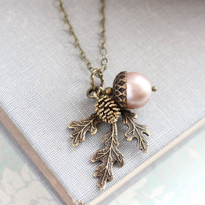 A Pocket of Posies - Pearl Acorn And Branch Necklace   - ANTIQUED BRASS: 15. Chocolate Brown / 18 Inches