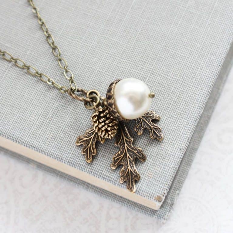 A Pocket of Posies - Pearl Acorn And Branch Necklace   - ANTIQUED BRASS: 3. Ivory Cream / 18 Inches