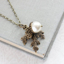 Load image into Gallery viewer, A Pocket of Posies - Pearl Acorn And Branch Necklace   - ANTIQUED BRASS: 3. Ivory Cream / 18 Inches