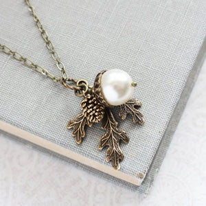 A Pocket of Posies - Pearl Acorn And Branch Necklace   - ANTIQUED BRASS: 15. Chocolate Brown / 18 Inches