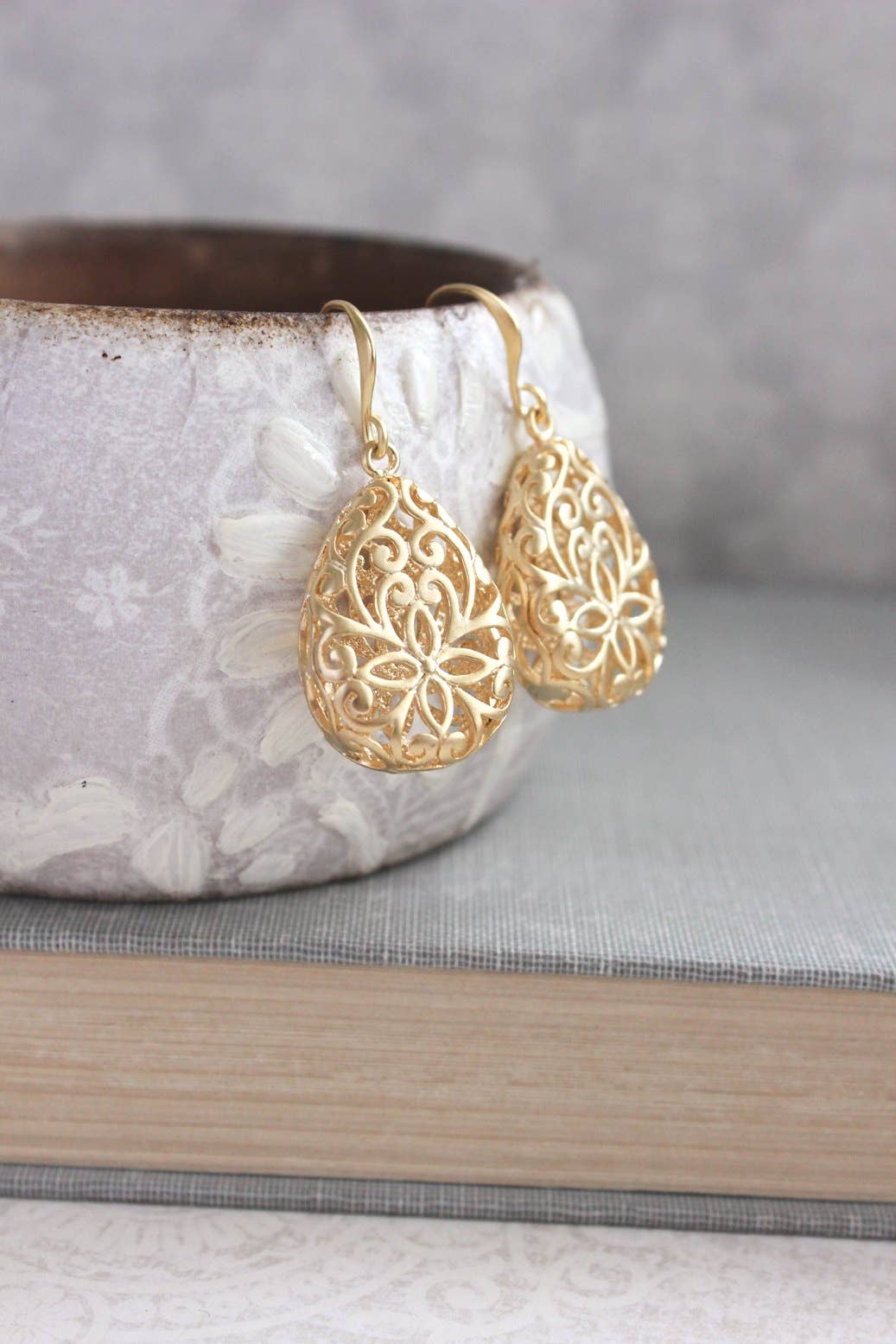 A Pocket of Posies - Gold Teardrop Filigree Earrings - Short: Short